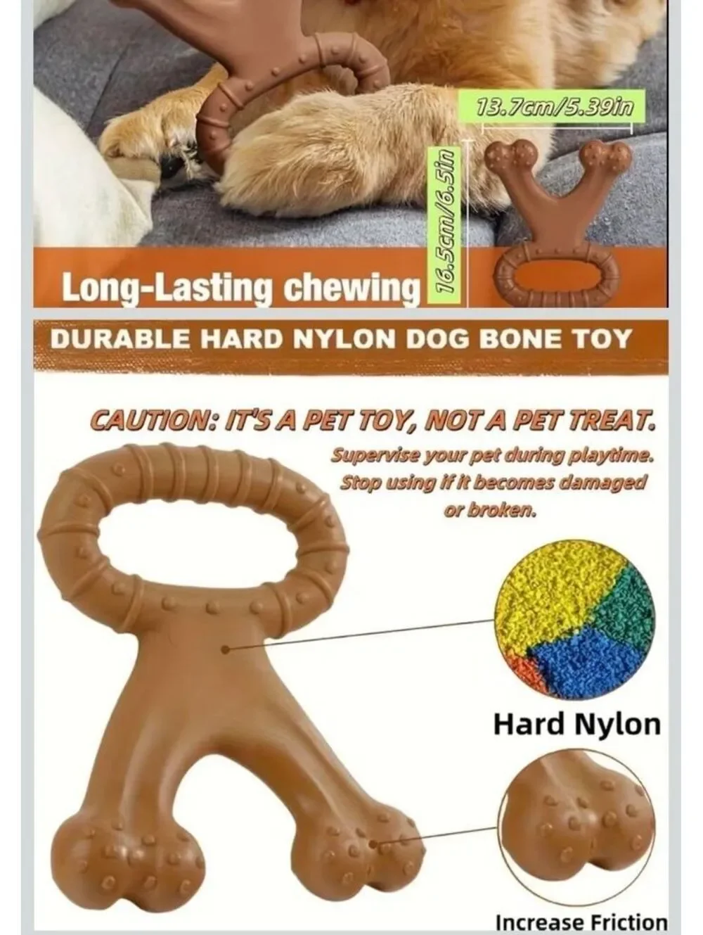 Durable Hard Nylon Dog Bone Chew Toy with Friction Nubs, Brown, 6.5 x 5.4 Inches